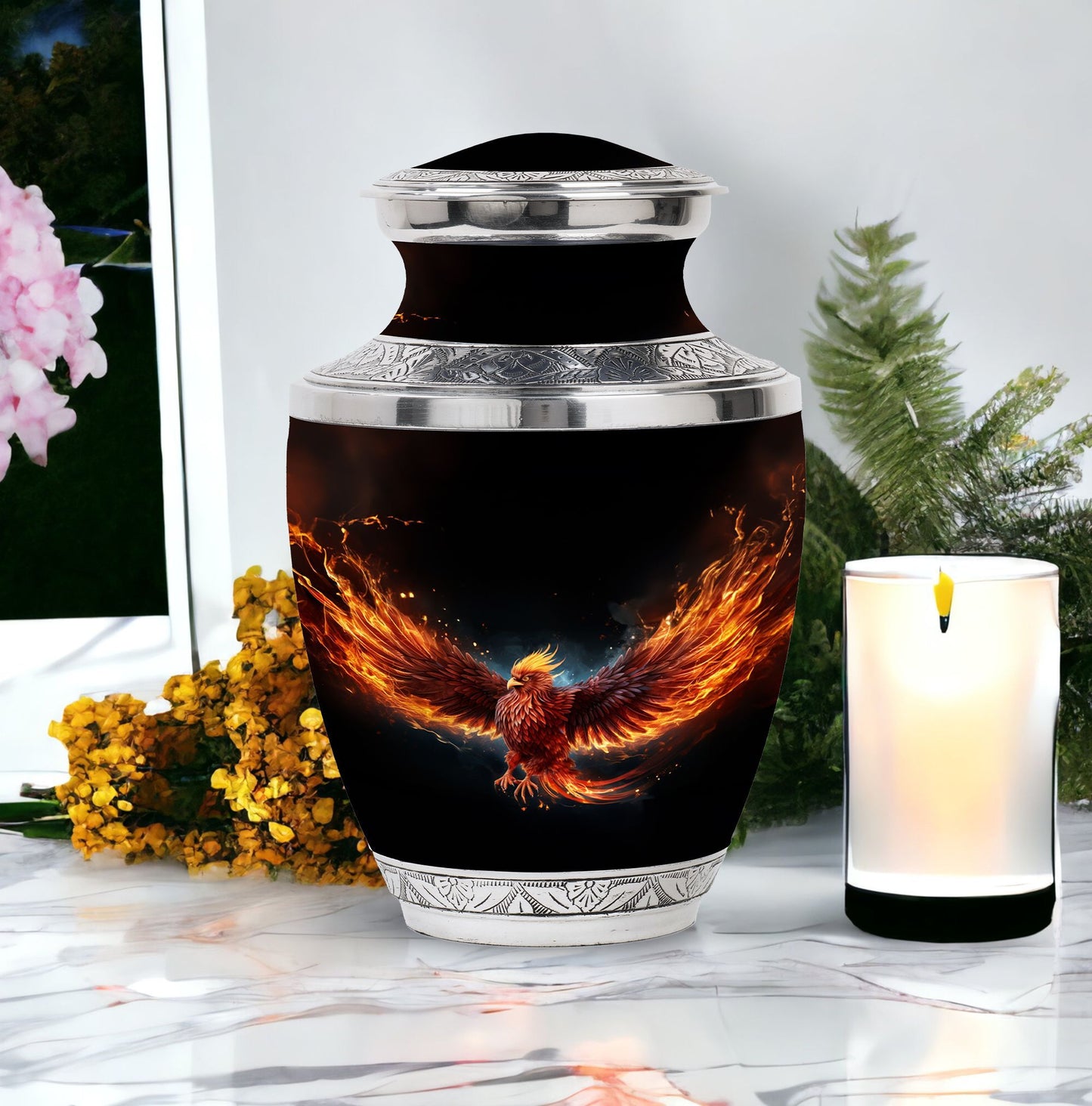 Classic Red Phoenix Urn, large 3-inch aluminium memorial urn