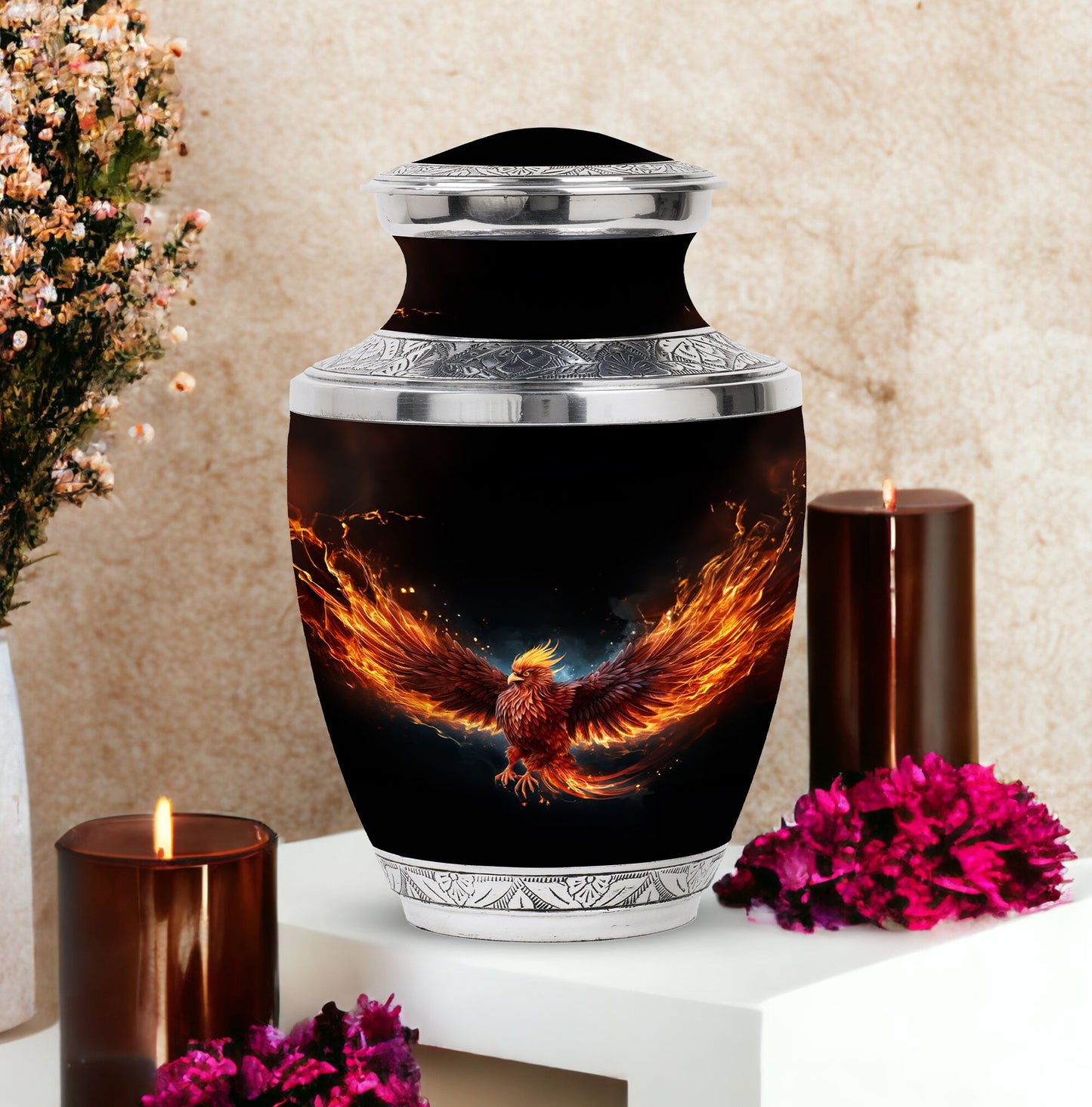 Classic Red Phoenix Urn, large 3-inch aluminium memorial urn