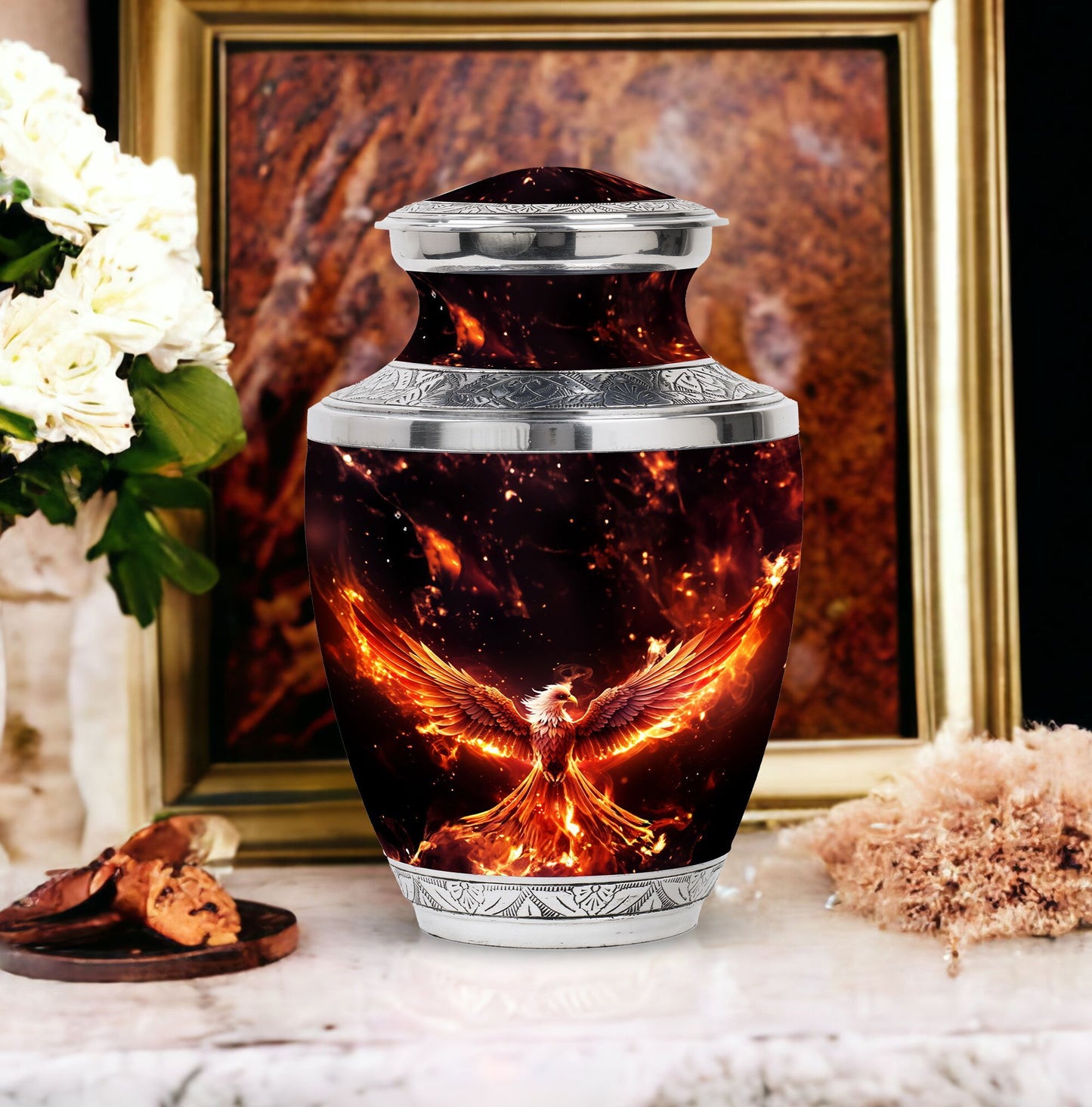 White Phoenix Memorial Urn, Classic Large Urn for Mom.
