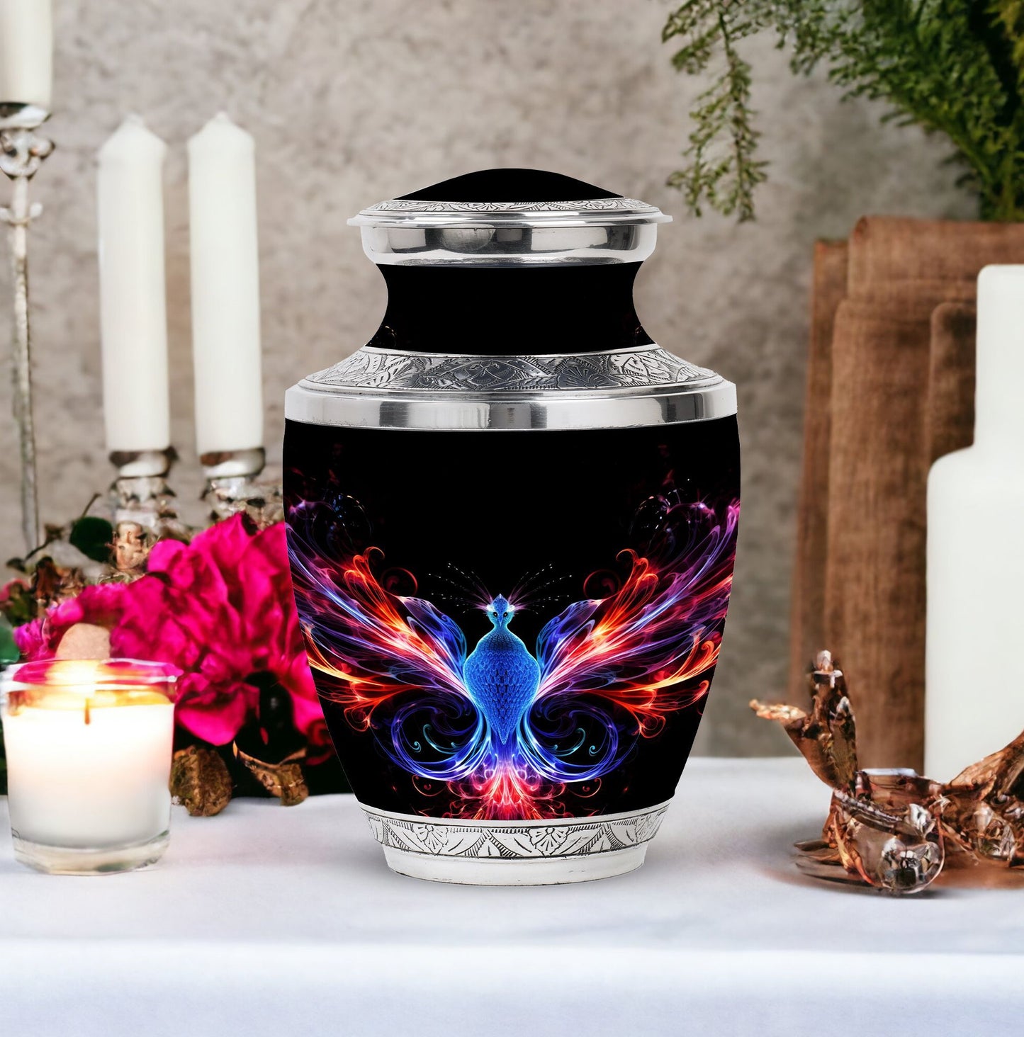 Vivid and colorful phoenix design cremation urn