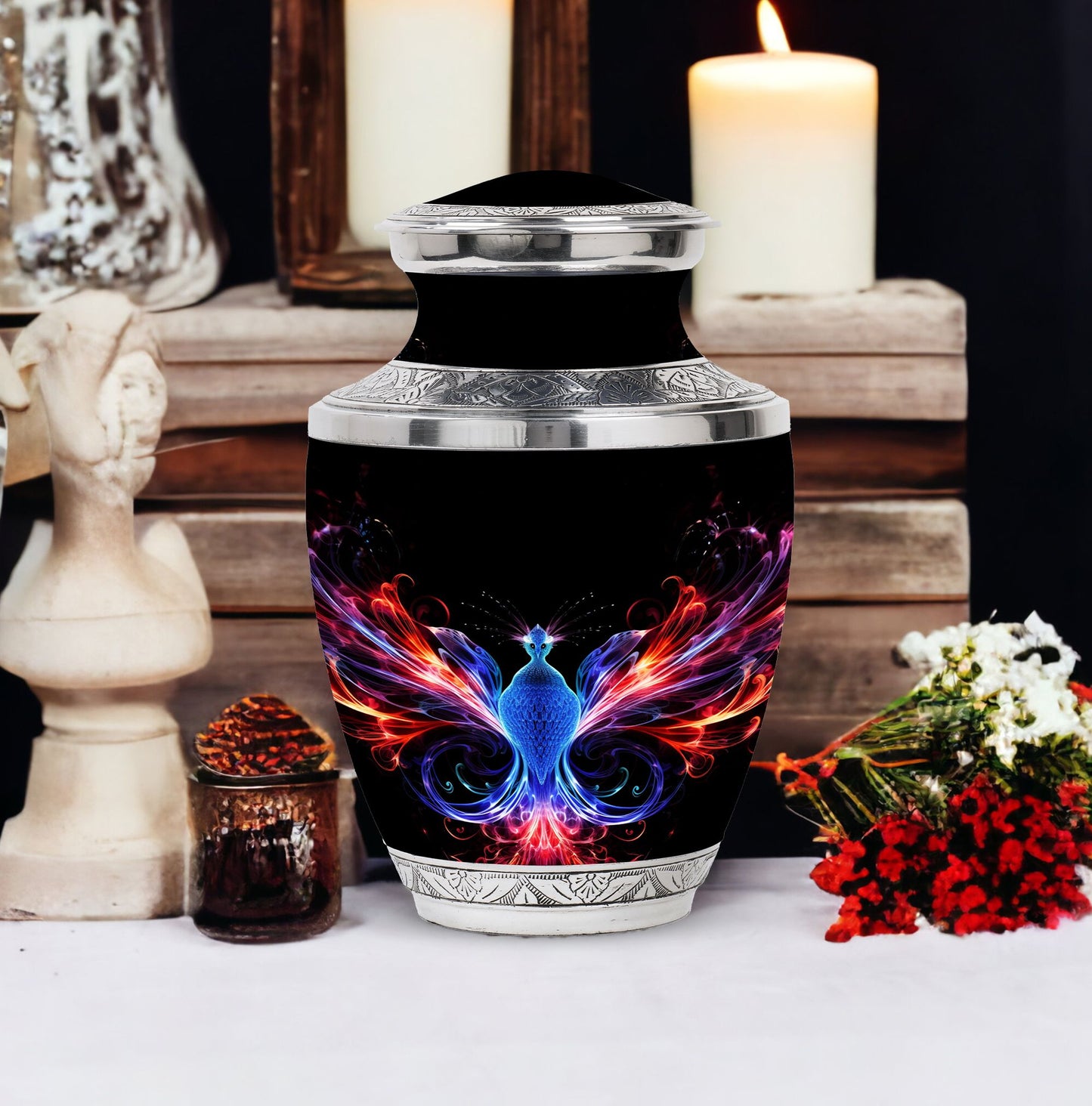 Vivid and colorful phoenix design cremation urn