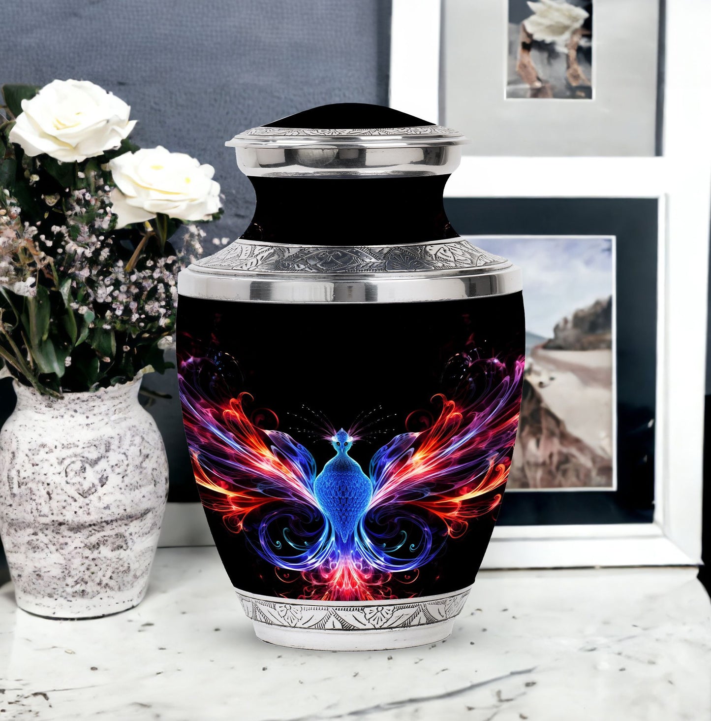 Vivid and colorful phoenix design cremation urn