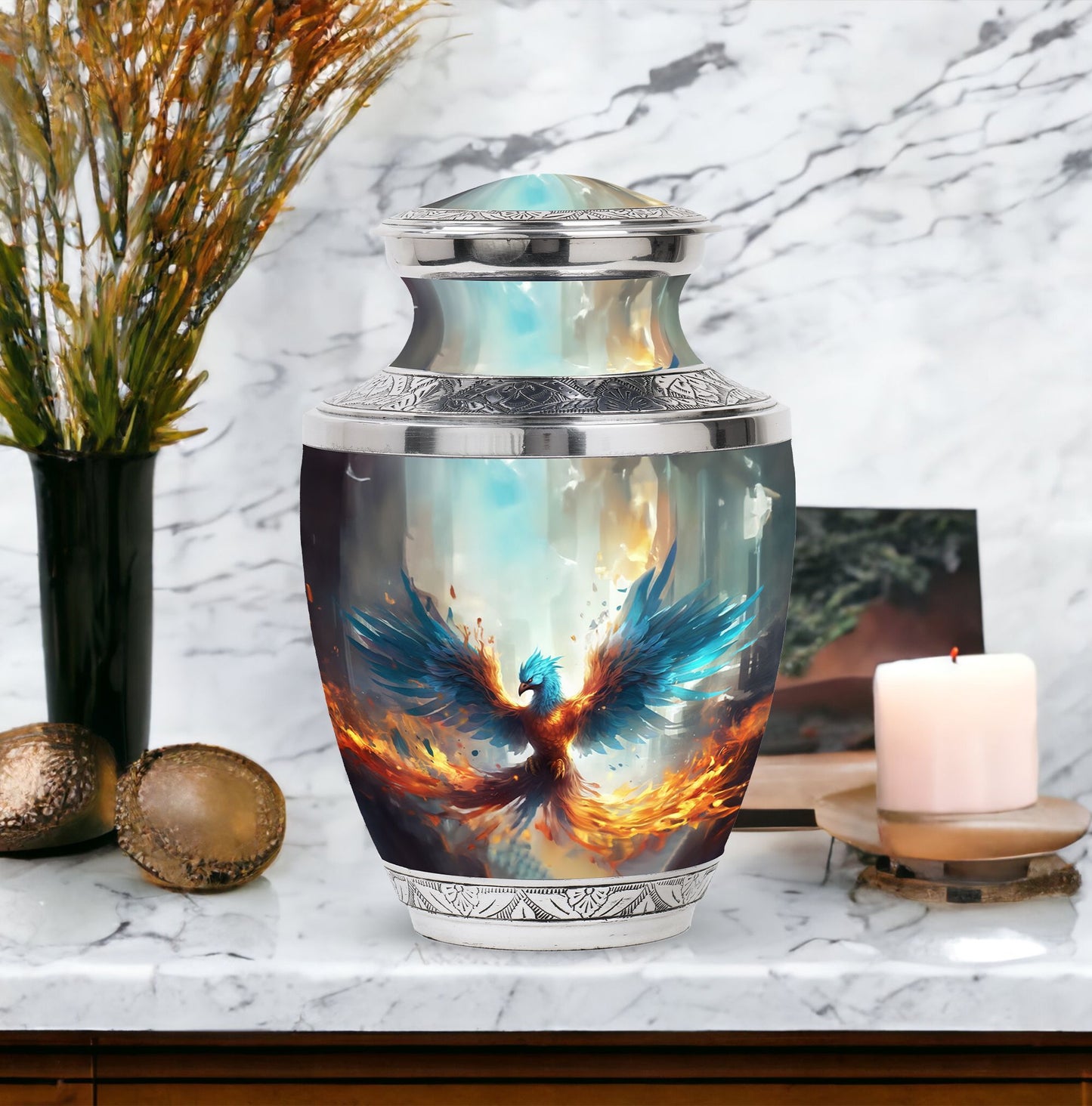 Classic Blue Phoenix Cremation Urn for adults.