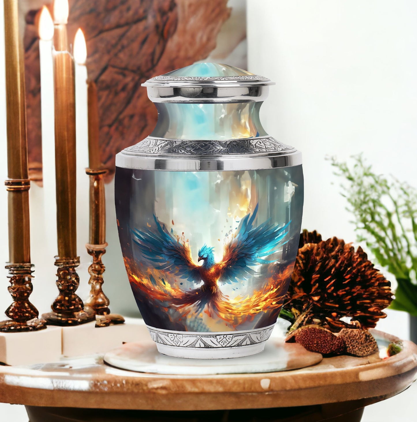 Classic Blue Phoenix Cremation Urn for adults.