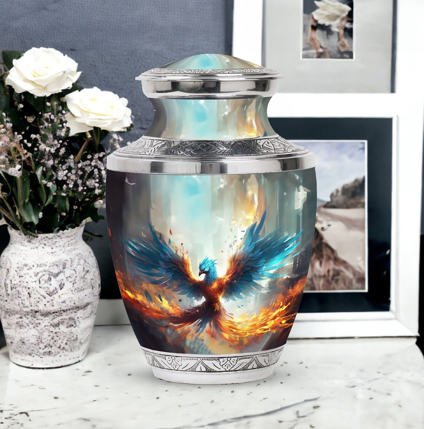 Classic Blue Phoenix Cremation Urn for adults.