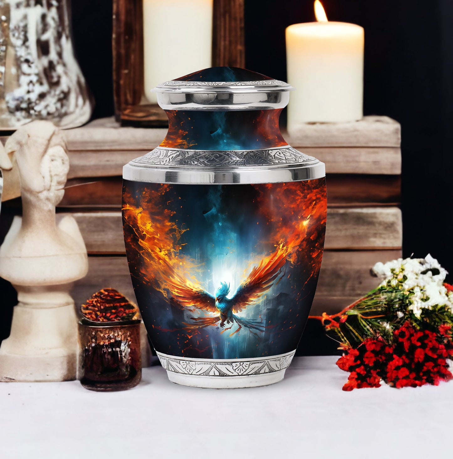 Blue Phoenix Cremation Urn, 3-inch classic urn.