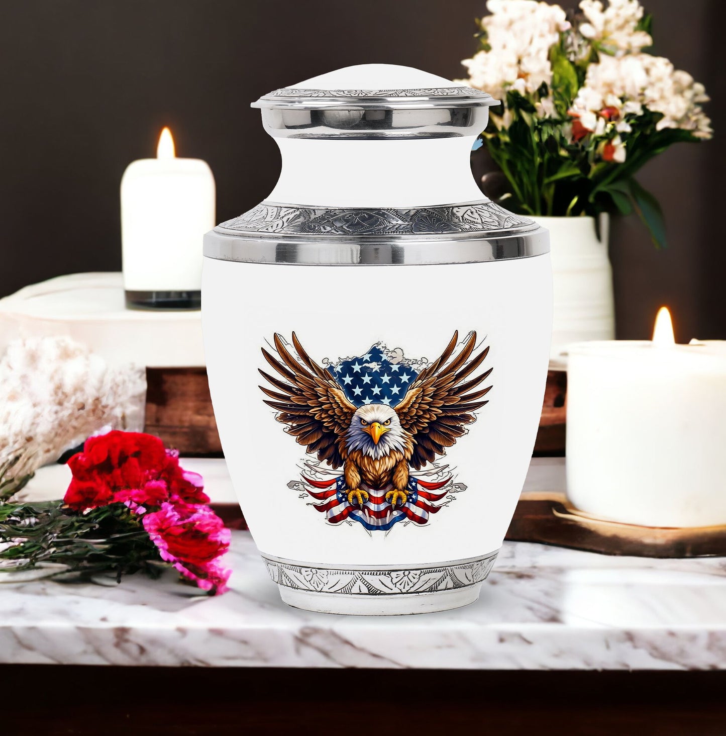 classic urn for ashes with eagle and American flag design.