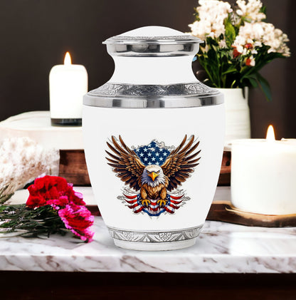 classic urn for ashes with eagle and American flag design.