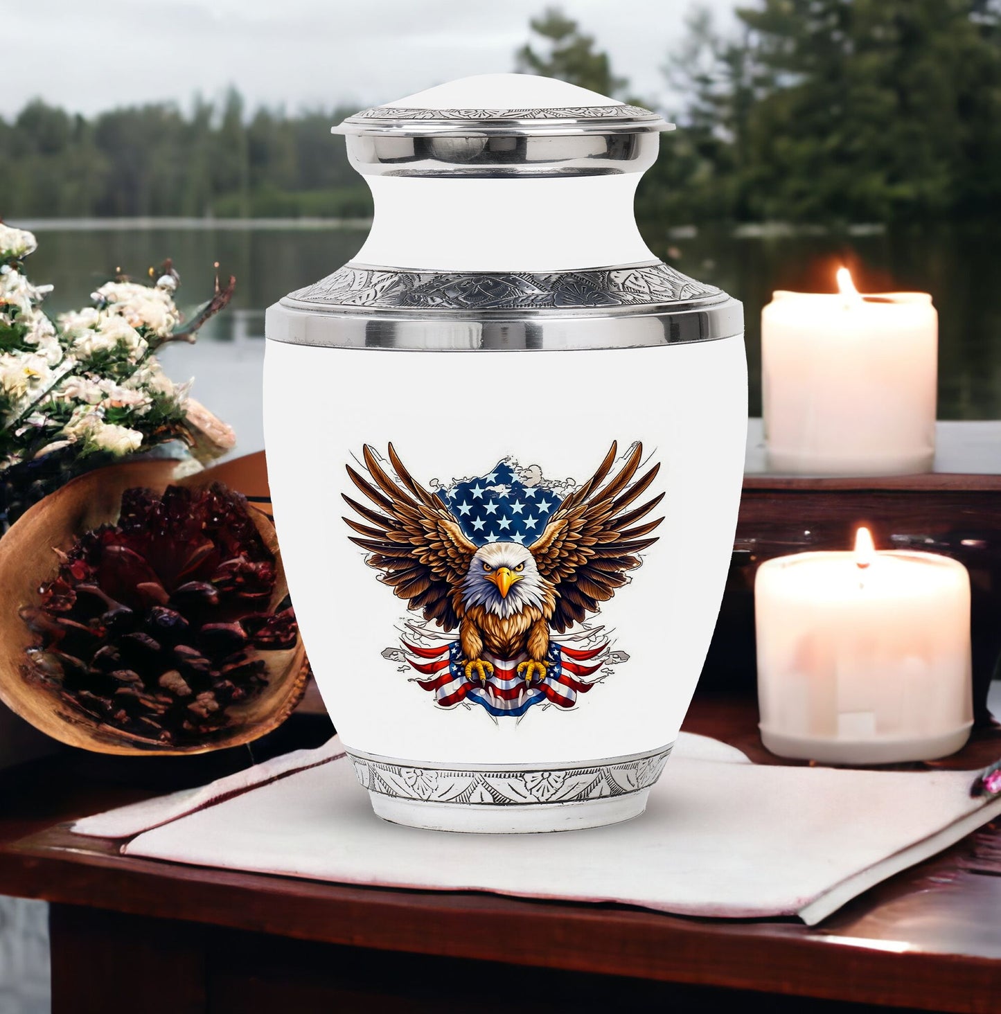 classic urn for ashes with eagle and American flag design.