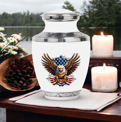 classic urn for ashes with eagle and American flag design.