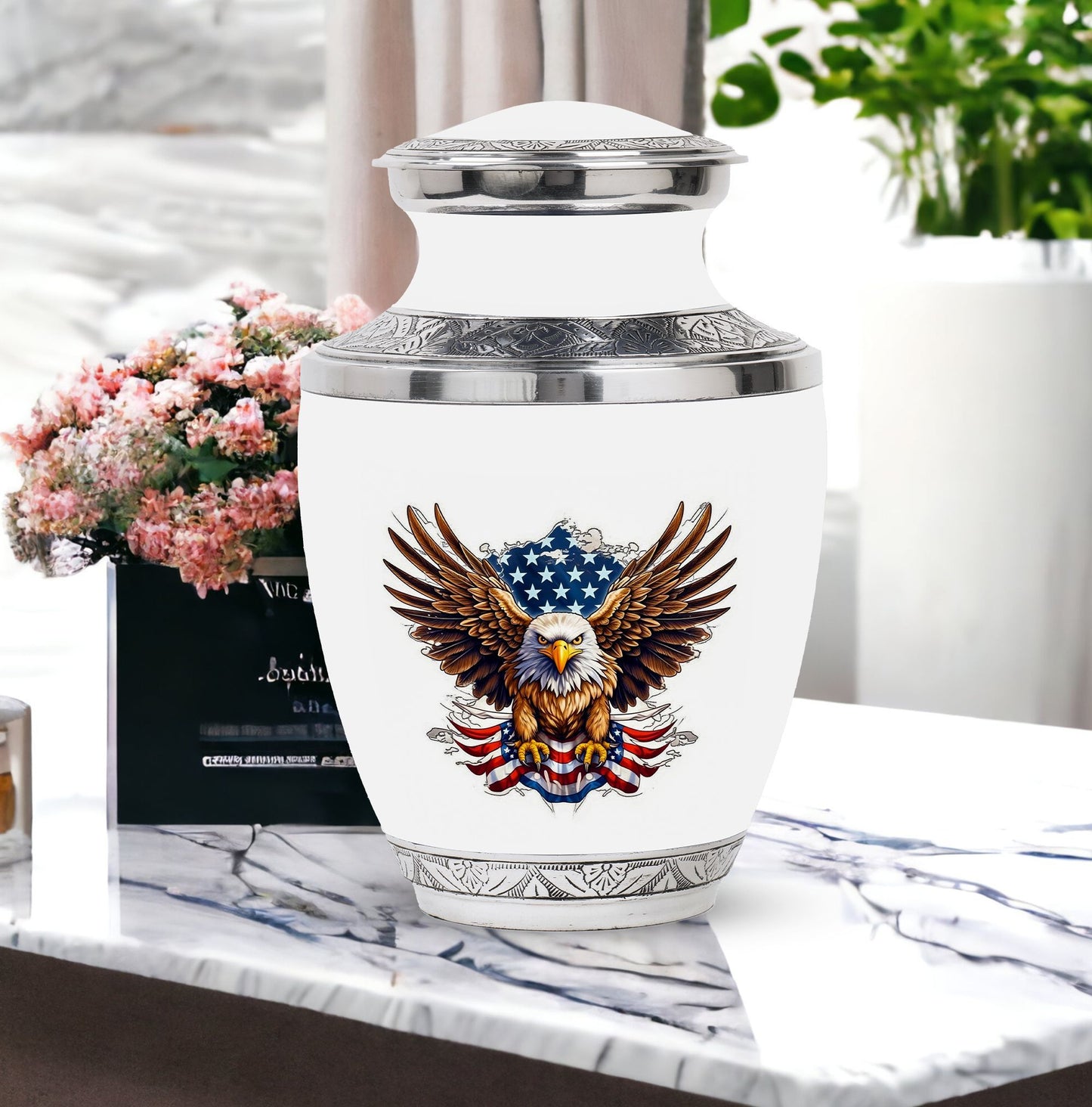 classic urn for ashes with eagle and American flag design.