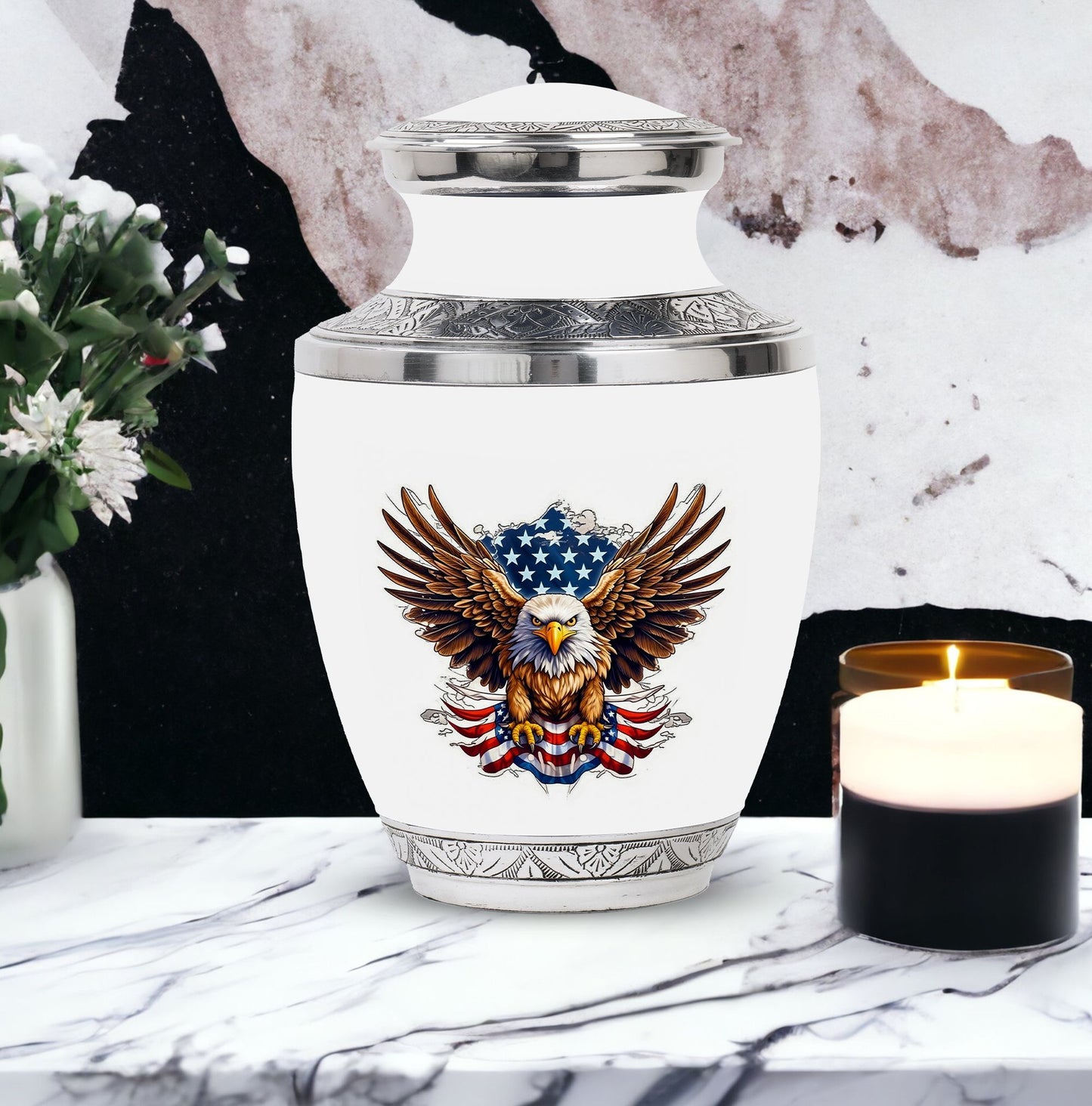 classic urn for ashes with eagle and American flag design.
