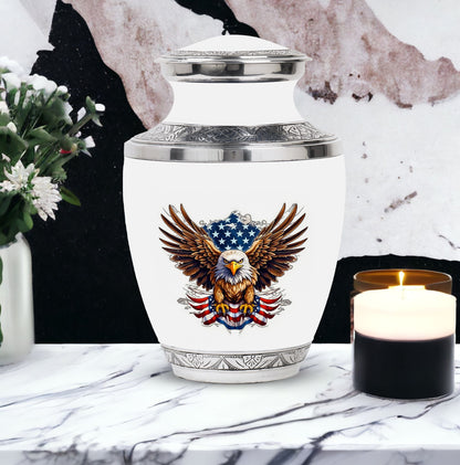 classic urn for ashes with eagle and American flag design.
