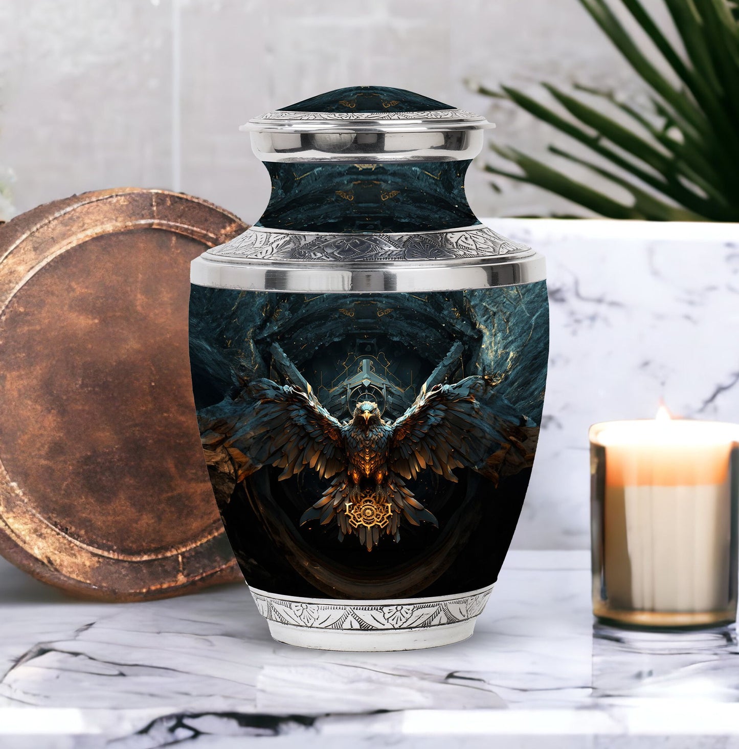 Large classic urn with an eagle design for human ashes.