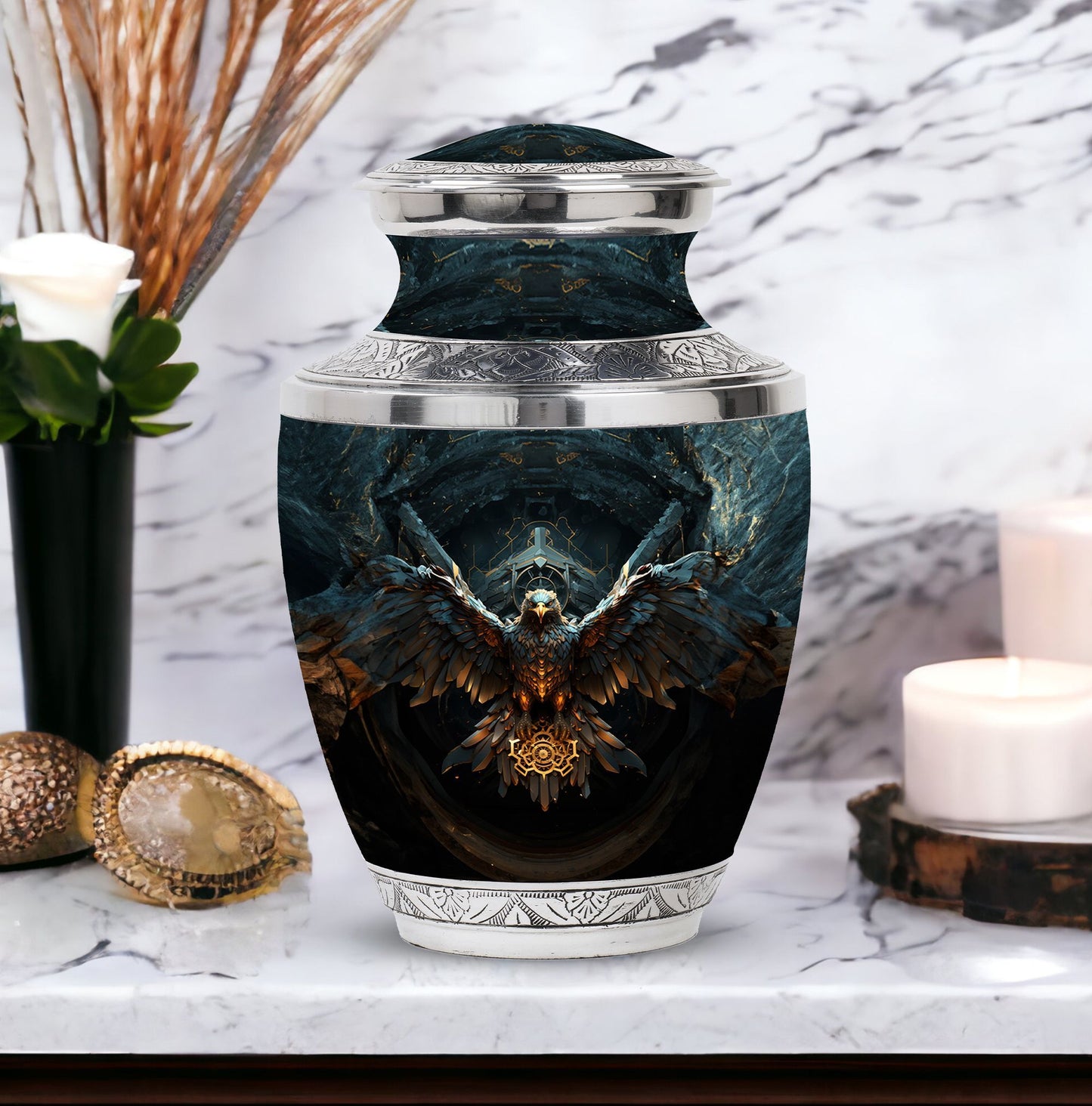Large classic urn with an eagle design for human ashes.