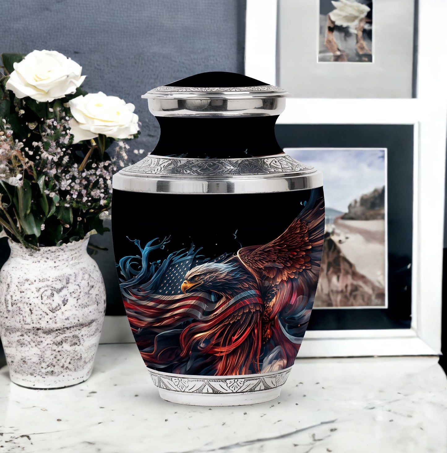 Classic 3-inch eagle urn in aluminium, ideal for ashes