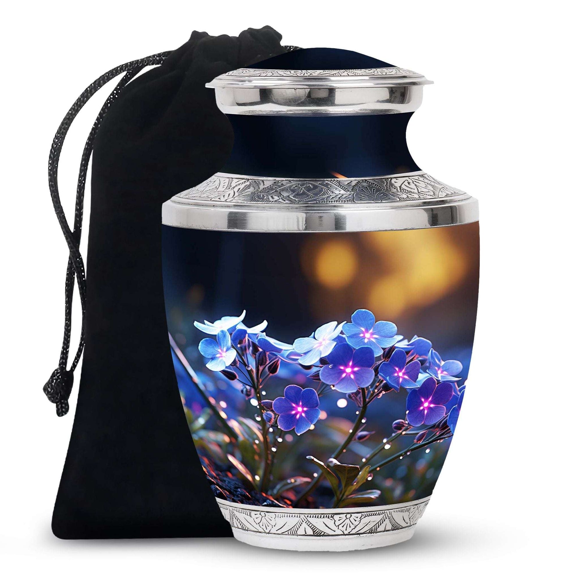 Blue Floral Memorial Urn for Adults - Black Floral Urns For Ashes Adult Male