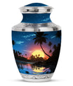 Decorative and vibrant blue Cremation Urn with a Sun motif, ideal for funerals and burials