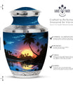 Decorative and vibrant blue Cremation Urn with a Sun motif, ideal for funerals and burials