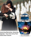 Decorative and vibrant blue Cremation Urn with a Sun motif, ideal for funerals and burials