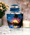 Decorative and vibrant blue Cremation Urn with a Sun motif, ideal for funerals and burials