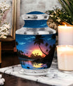 Decorative and vibrant blue Cremation Urn with a Sun motif, ideal for funerals and burials