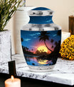 Decorative and vibrant blue Cremation Urn with a Sun motif, ideal for funerals and burials
