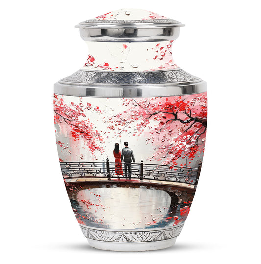 White floral Cherry Blossom design on a Monar_Urn, large-size urn suitable for human ashes, particularly adults and women