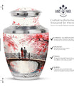 White floral Cherry Blossom design on a Monar_Urn, large-size urn suitable for human ashes, particularly adults and women