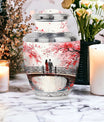 White floral Cherry Blossom design on a Monar_Urn, large-size urn suitable for human ashes, particularly adults and women