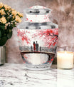 White floral Cherry Blossom design on a Monar_Urn, large-size urn suitable for human ashes, particularly adults and women