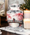 White floral Cherry Blossom design on a Monar_Urn, large-size urn suitable for human ashes, particularly adults and women