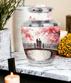 White floral Cherry Blossom design on a Monar_Urn, large-size urn suitable for human ashes, particularly adults and women