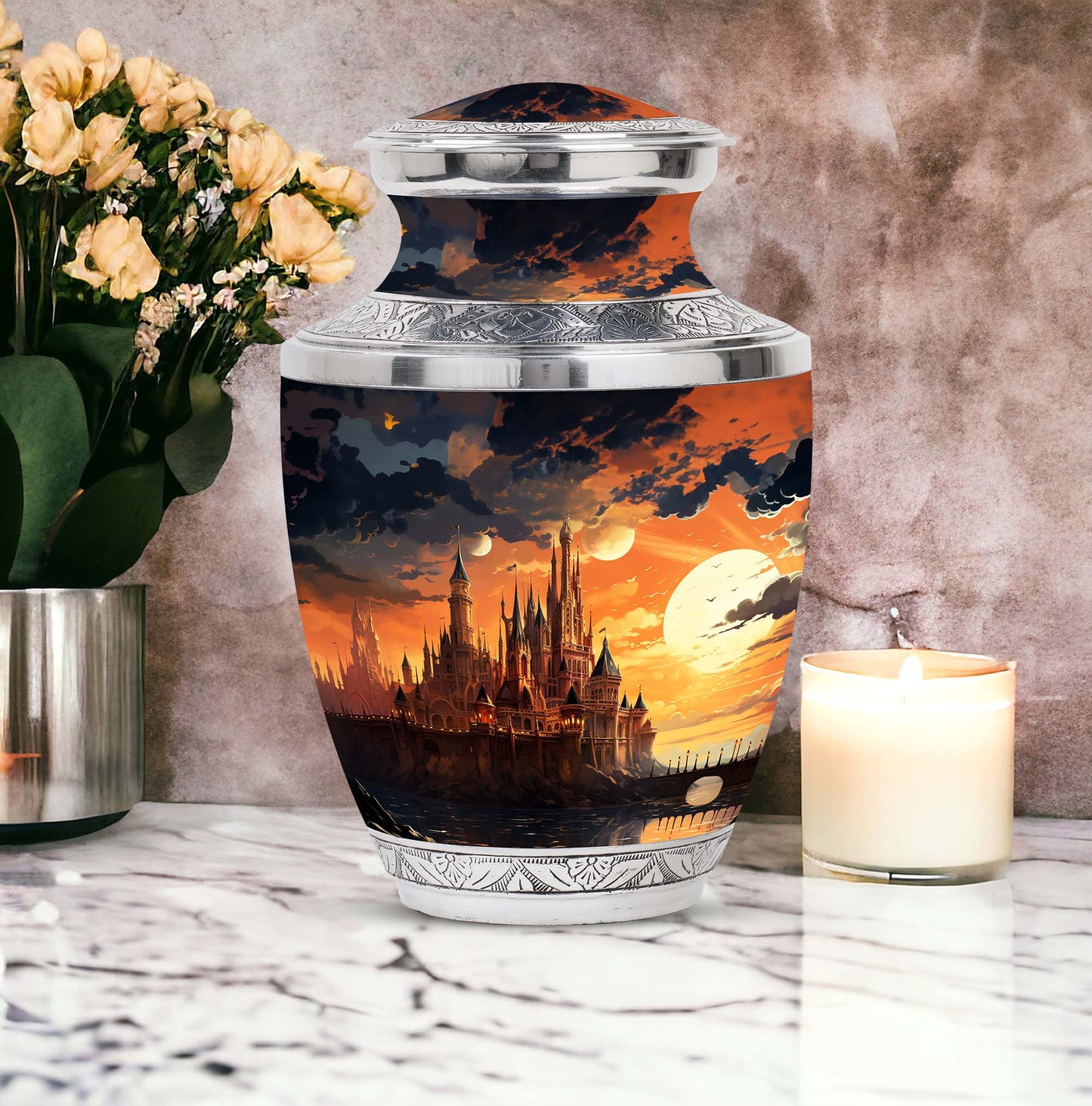Elegant Sunset Palace cremation urn, ideal for memorial ashes, suitable for adult and miniature use