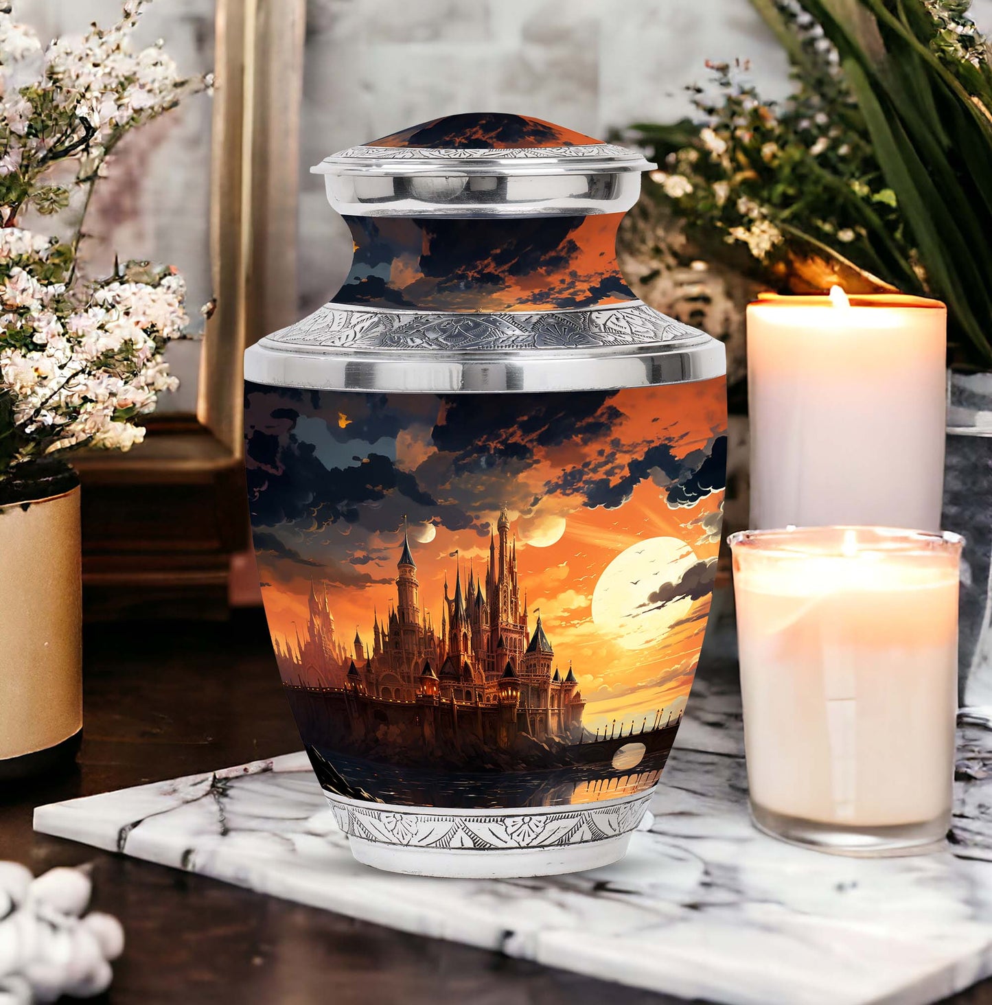 Elegant Sunset Palace cremation urn, ideal for memorial ashes, suitable for adult and miniature use