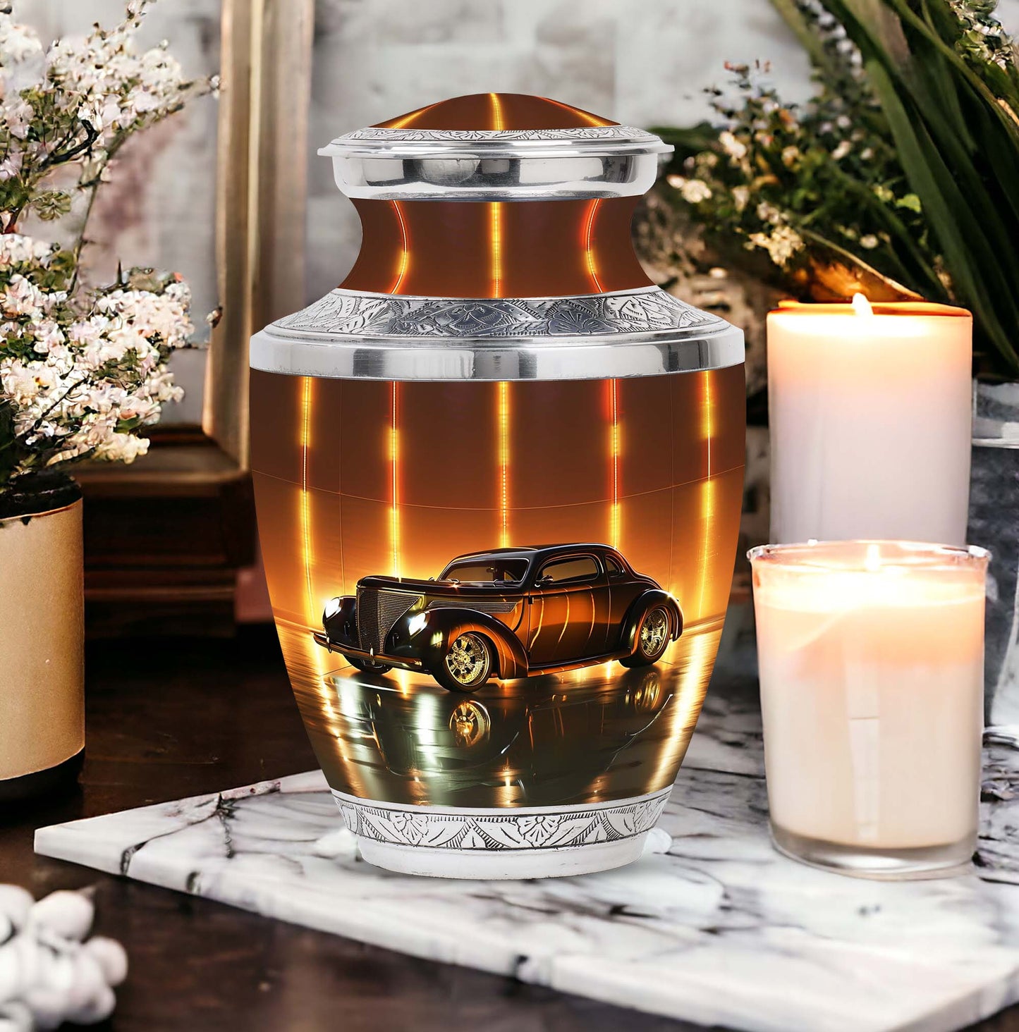 Vintage Shine Heritage bronze car-themed Cremation Urn for Human Adult Ashes