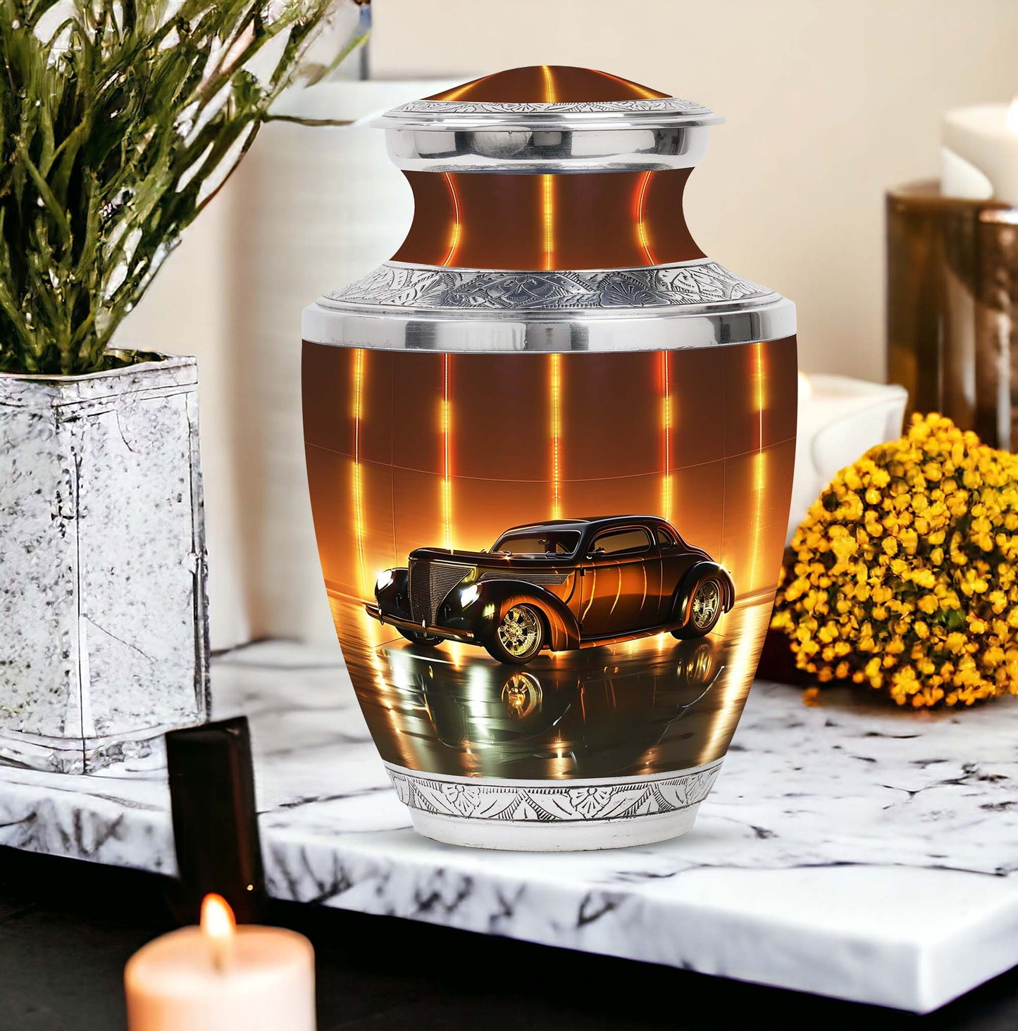 Vintage Shine Heritage bronze car-themed Cremation Urn for Human Adult Ashes