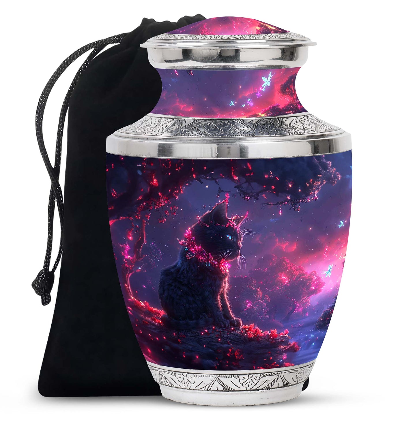 Cat Urn for Pet Ashes, Illustrated Black Cat with Red Floral Branches, Memorial Urn