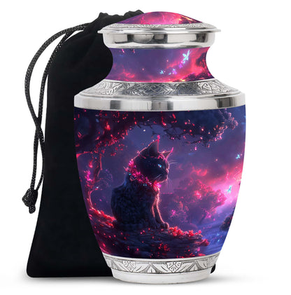 Cat Urn for Pet Ashes, Illustrated Black Cat with Red Floral Branches, Memorial Urn
