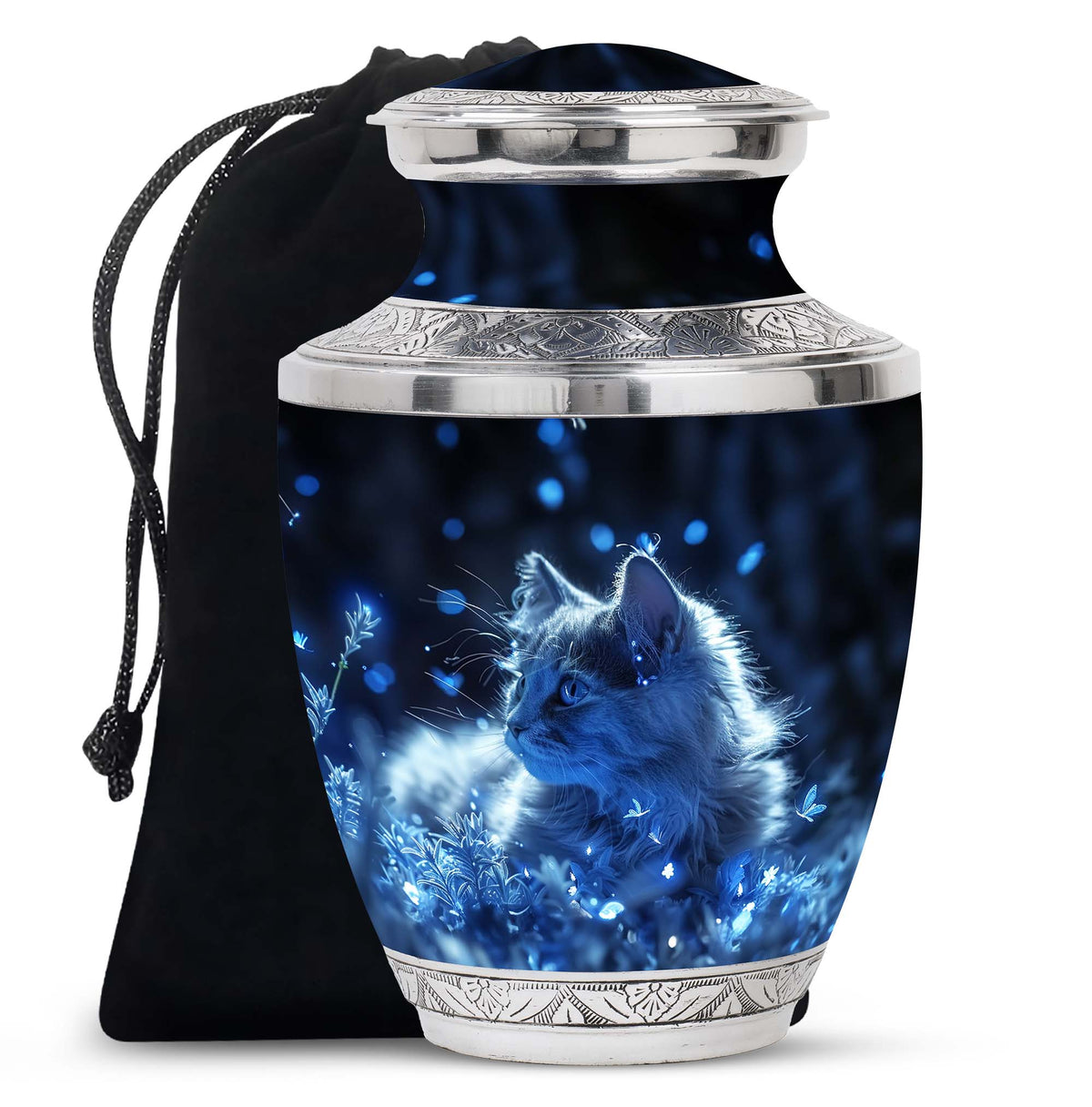 Cat Urn for Pet Ashes, Blue Cat Portrait with Sparkles, Memorial Urn