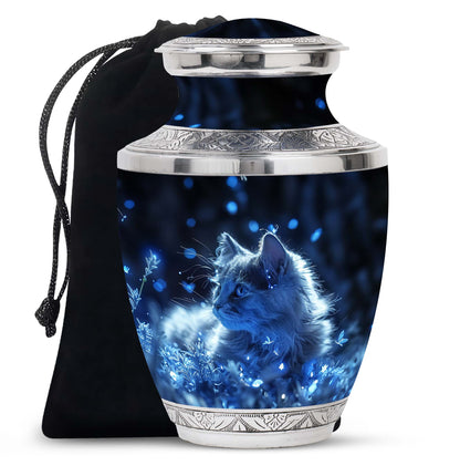 Cat Urn for Pet Ashes, Blue Cat Portrait with Sparkles, Memorial Urn