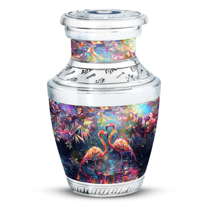 Bird Urn for Ashes, Two Flamingos in Dark Tropical Foliage, Memorial Urn