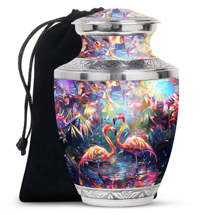 Bird Urn for Ashes, Two Flamingos in Dark Tropical Foliage, Memorial Urn