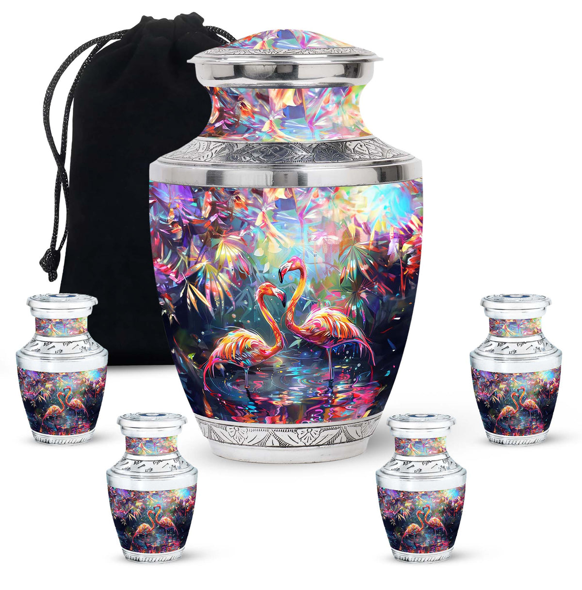 Bird Urn for Ashes, Two Flamingos in Dark Tropical Foliage, Memorial Urn