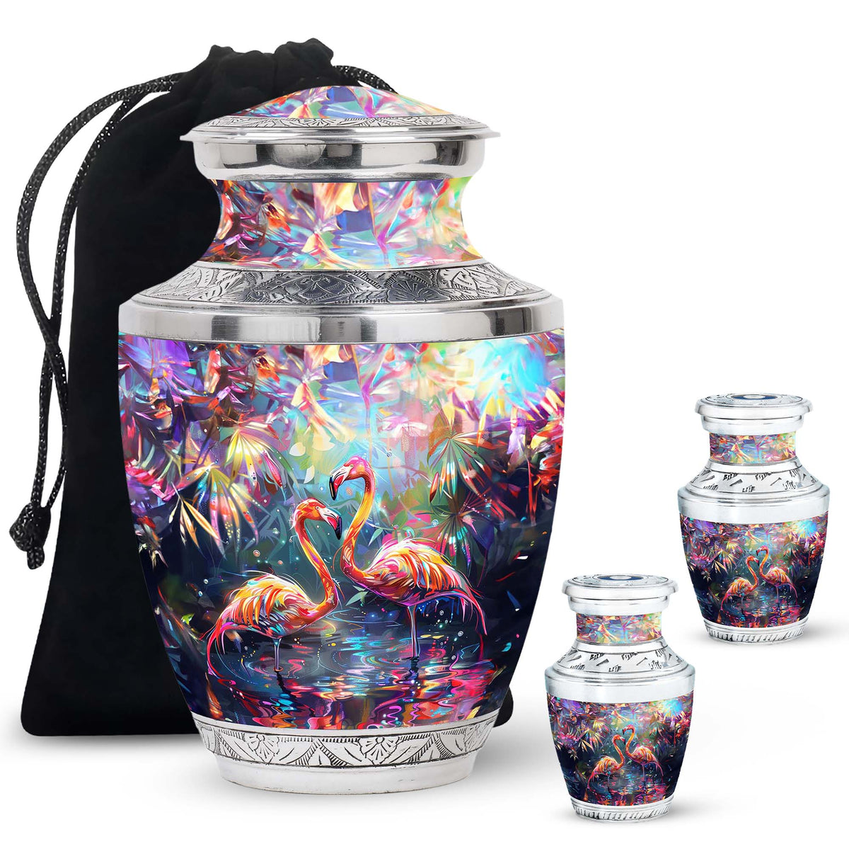 Bird Urn for Ashes, Two Flamingos in Dark Tropical Foliage, Memorial Urn