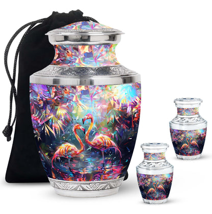 Bird Urn for Ashes, Two Flamingos in Dark Tropical Foliage, Memorial Urn