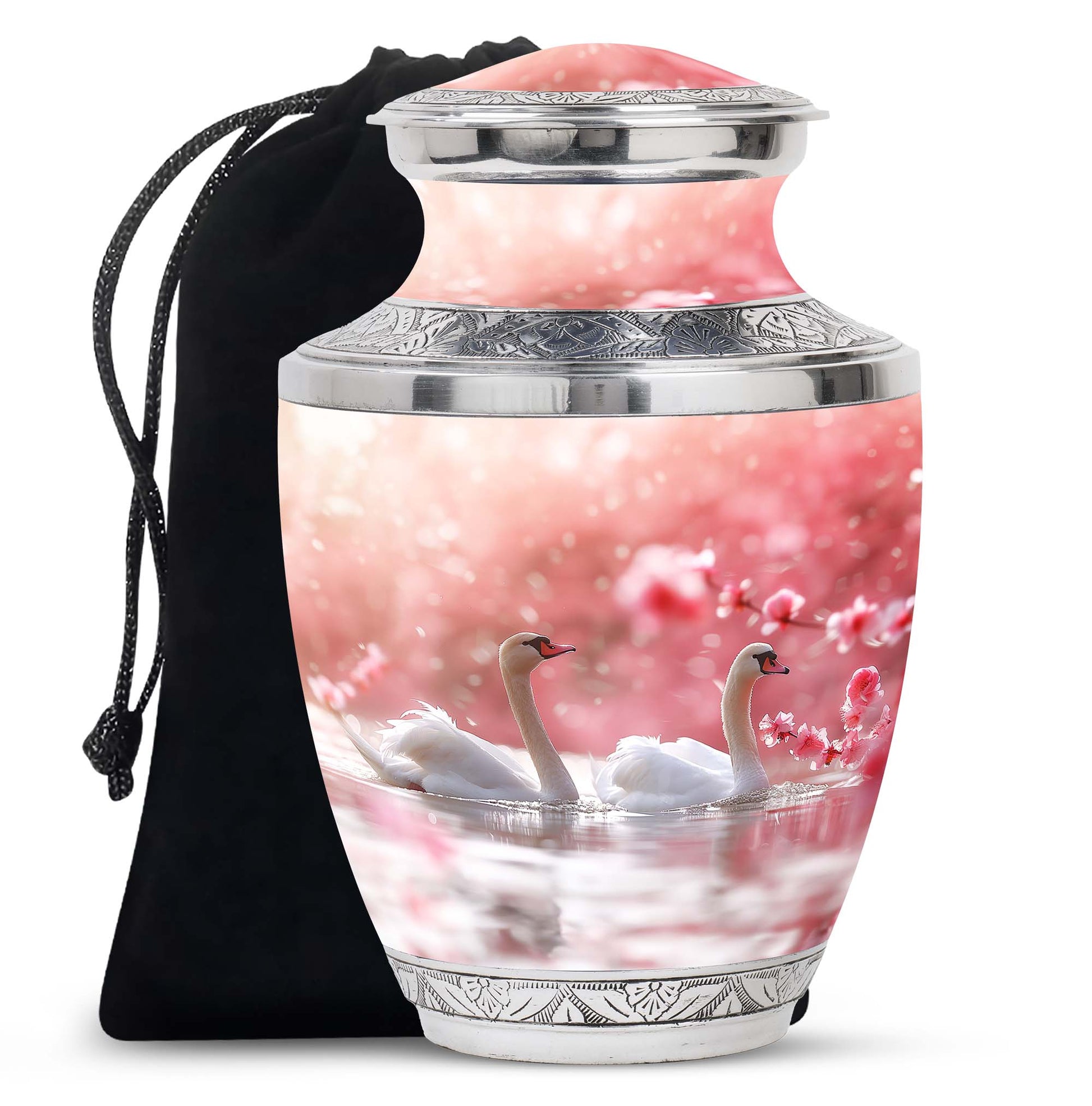 Elegant White Swan Urn – Pink Cherry Blossom Design For Human Ashes