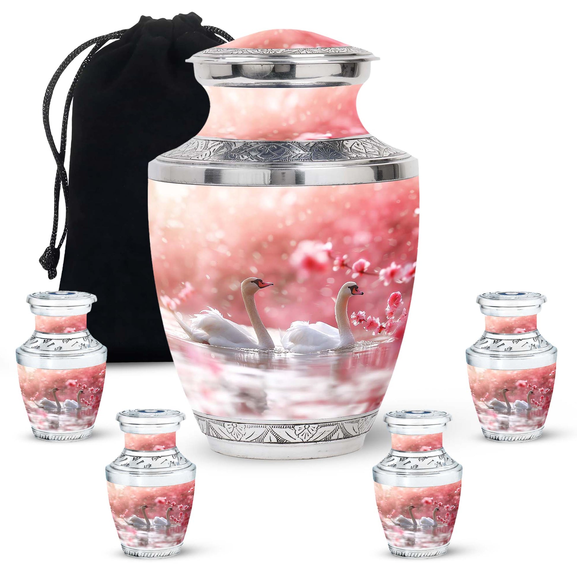 Elegant White Swan Urn – Pink Cherry Blossom Design For Human Ashes