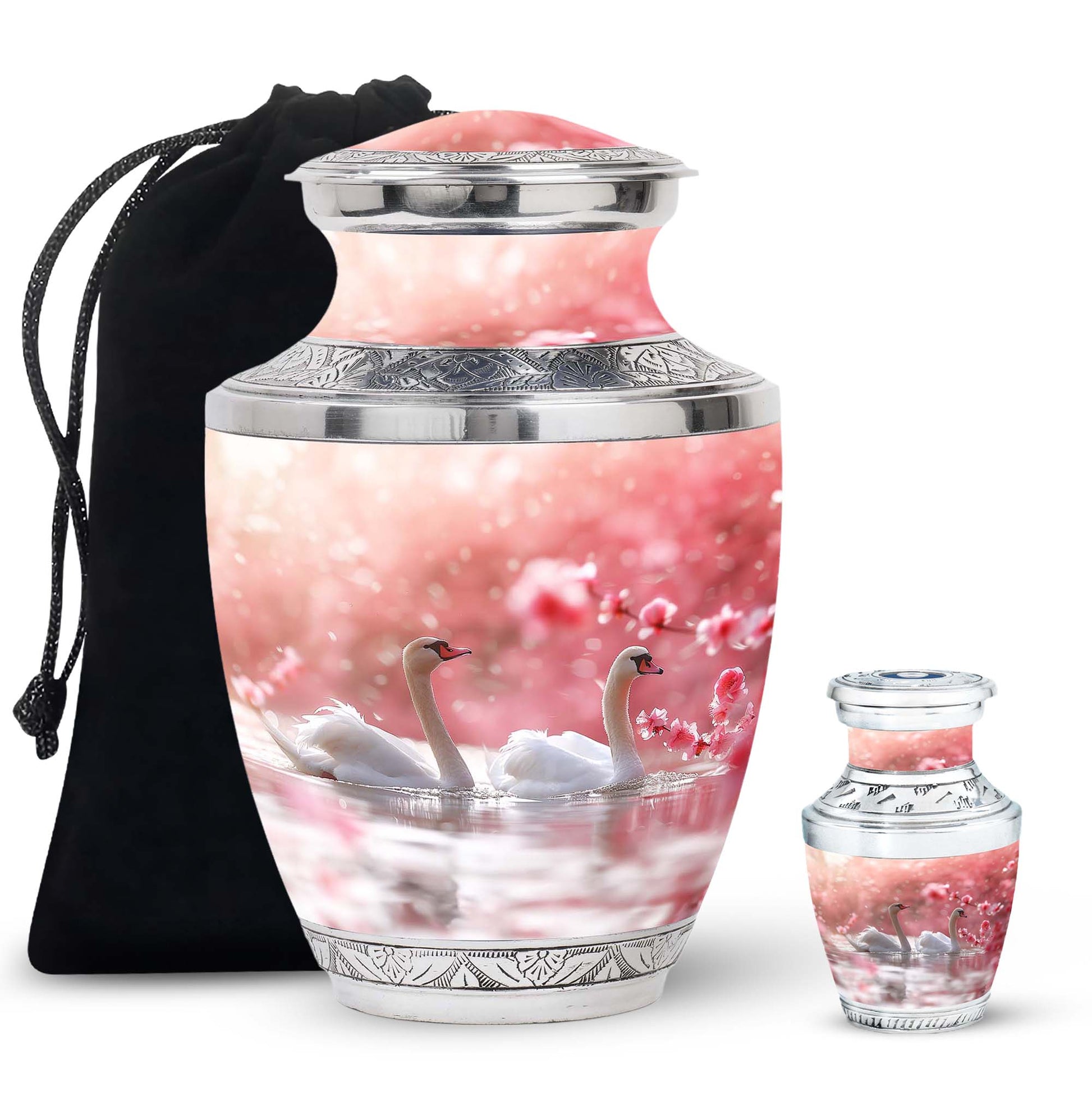 Elegant White Swan Urn – Pink Cherry Blossom Design For Human Ashes