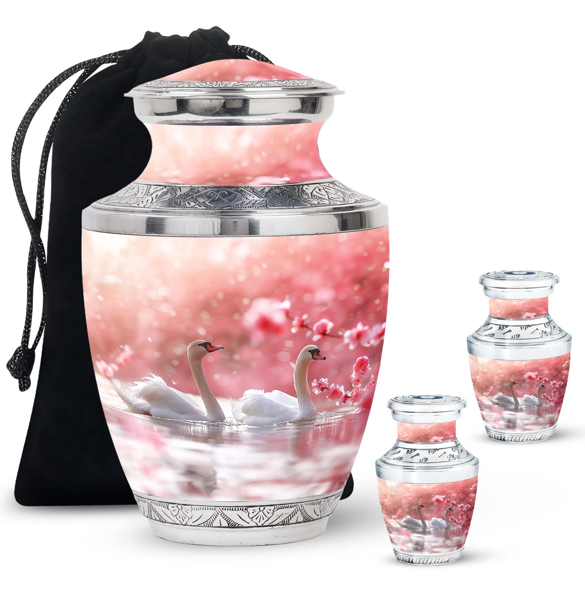 Elegant White Swan Urn – Pink Cherry Blossom Design For Human Ashes